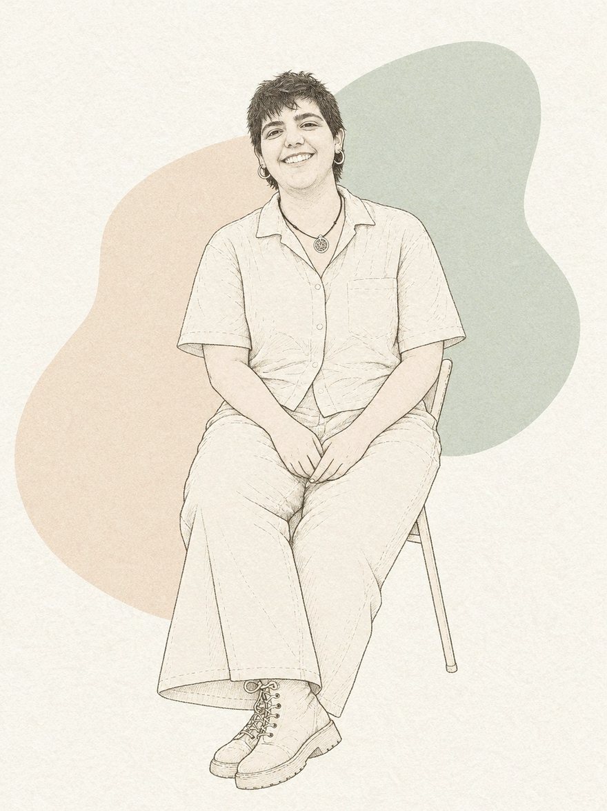 Il·lustració d’Helena Rey Faura, psicòloga, asseguda i somrient